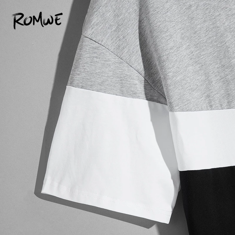 ROMWE Men Color Block Letter Print Tee 2019 Young Cool Male Summer T shirt Mens Clothing Streetwear Short Sleeve Tee Tops