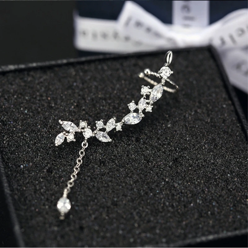

Leaves Tassel Ear Clip Rhinestone Korean Jewelry 925 Sterling Silver Temperament Personality Fashion Female Earring SEA016