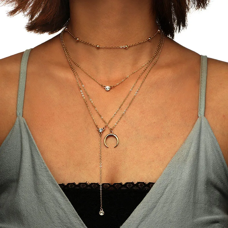 

2018 Fashion Long Chain Bohemian Horns Moon Zircon Multilayer Necklace Sweater Chain Pendant Summer Beach Women's Jewelry