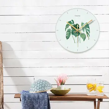

Morden Design Tempered Glass Plant Monstera Leaves Wall Clock Home Bedroom Living Room Decor