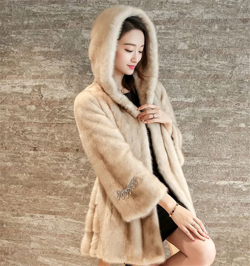Женское пальто из искусственного меха черного и белого цвета размера плюс, свободные куртки из меха енотовидной собаки, новые весенние корейские офисные зимние пальто с капюшоном LD777