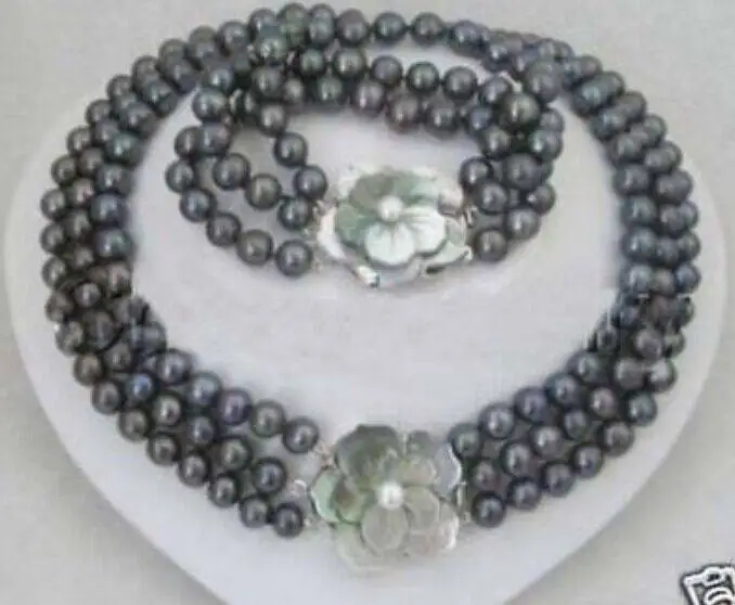 

Free shipping hot sale>>>>>NEW Noblest 3 row 7-8MM black pearl necklace bracelet set 17-19"7.5