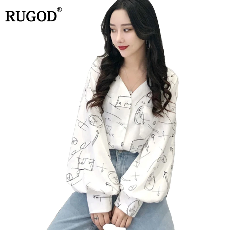 

RUGOD 2019 New Arrival Stylish Women Blouse Spring Summer Hot Sale Floral Printed Female Tops White Black V neck blusa feminina