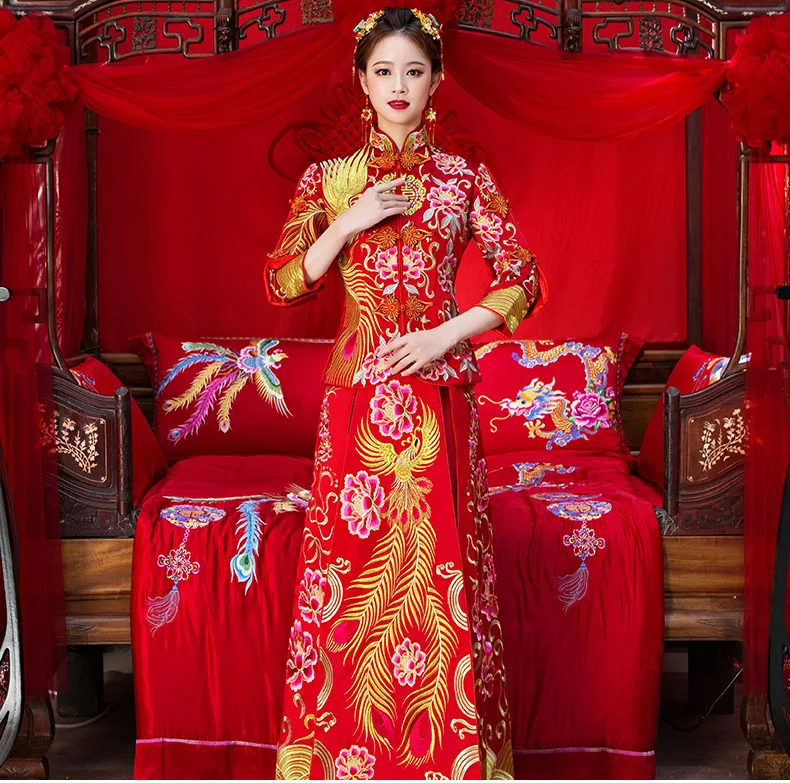 Китайское свадебное платье, свадебное платье в китайском стиле, одежда для шоу, cheongsam, Элегантный Тост, костюмы за рубежом, Китайская традиционная невеста, Ципао