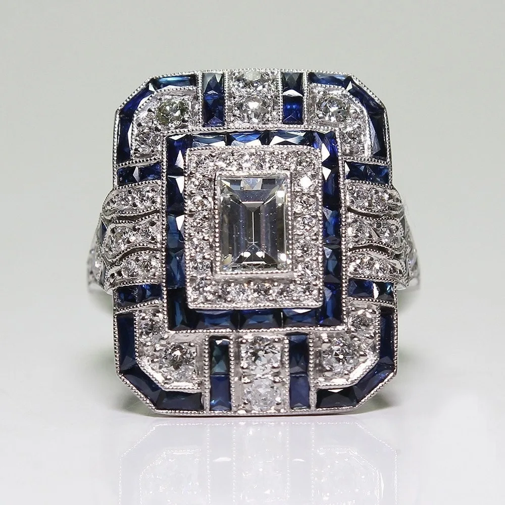 Vintage style Blue white CZ Zircon Stone 925 Silver square Rings for Women Fashion Wedding Engagement Jewelry Hot Sale