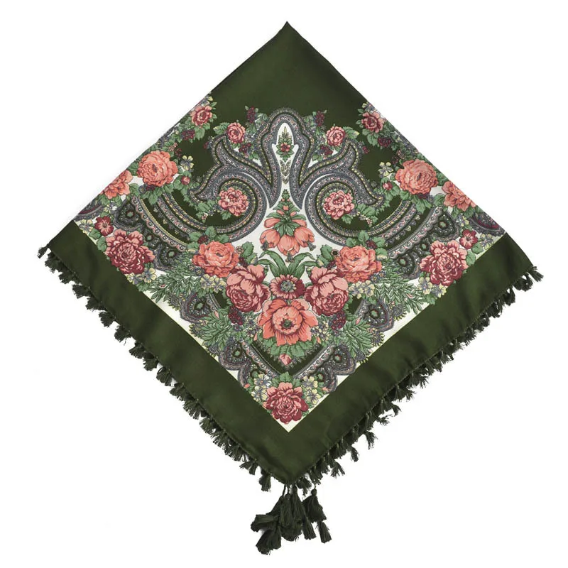 Лидер продаж Русский платок для женщин квадратный шарф ручной работы кисточкой цветочный принт хиджаб одеяло шаль пашмины женские этические шали - Цвет: army green
