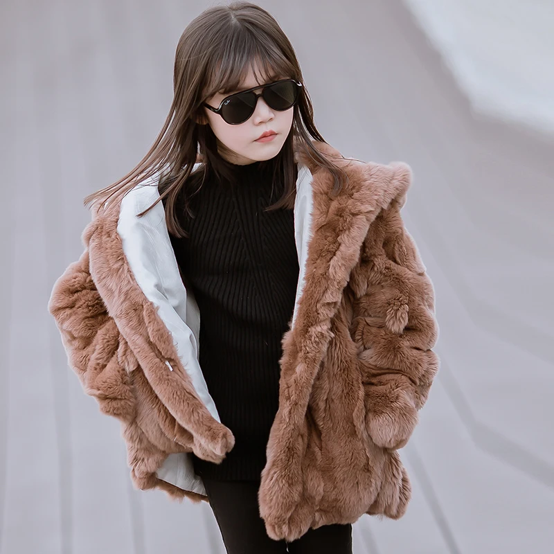 

JKP 2018 new Real Rex Rabbit Fur Warm Clothing winter fashion Coat Girl Fur real Rabbit Fur outerwear Girl Children's Jacket