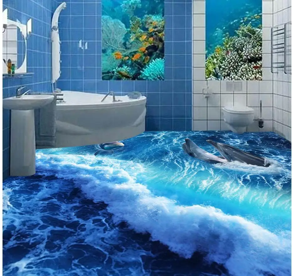 3d boden malerei tapete Dolphin Wave 3D Bad Wohnzimmer pvc boden tapete