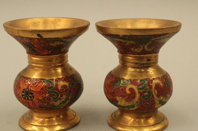 

wholesale factory 4"Marked China Chinese Cloisonne Bronze Gild Flower Vase Pair