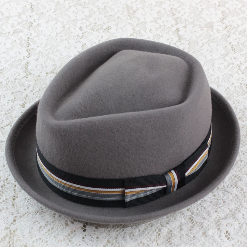 Classic Ribbon Men Fedora Australian Wool Jazz Hat Grey Bowler Hat