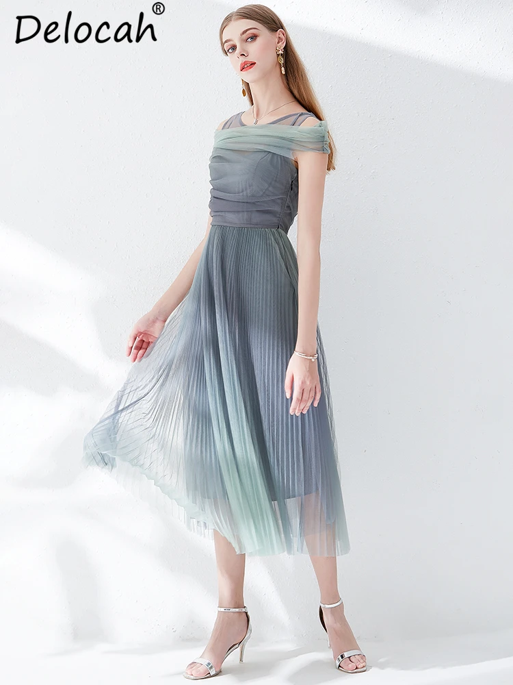 Delocah New 2019 Women Spring Summer Dress Runway Fashion Designer Pleated Mesh Overlay Elegant Vintage Ladies Vacation Dresses