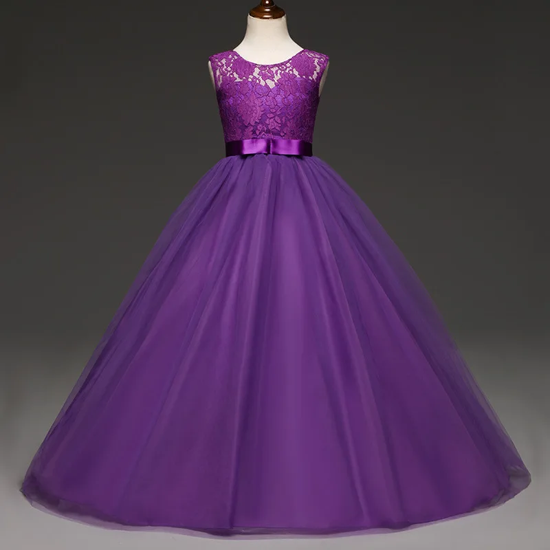Многослойное платье для девочек; длинное зимнее платье; кружевное однотонное белое и фиолетовое платье с цветами для свадьбы; Вечерние платья на выпускной; Vestido Mangas Largo