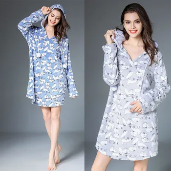 

Sleepwear Nightgown Women Bathrobe Casual Long Sleeve Hooded Women Warm Winter Spa Bath Robes Casual Home Clothing Nightwear