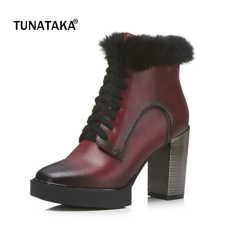 Genuine Leather Platform Square High Heel Woman Ankle Boots Fashion Lace Up Dress Shoes Winter Woman Black Wine Red Genuine Leather Platform Square High Heel Woman Ankle Boots Fashion Lace Up Dress Shoes Winter Woman Black Wine Red