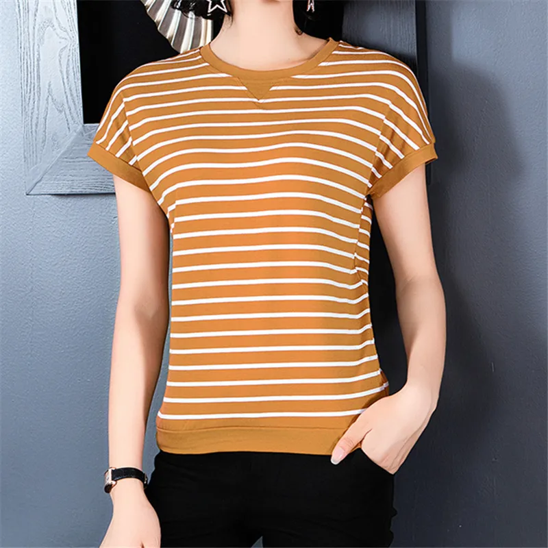 

Striped Plus Size Female T-Shirts 2019 Slim Khaki Black Pink Cotton T Shirt Women Summer Tops Casual Ladies Shirts Femme Tshirt