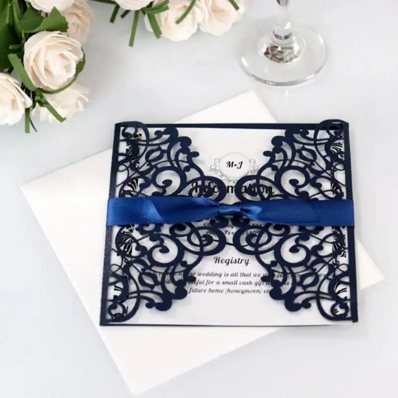 

Dabonas Hollow Flower Laser Cut Wedding Invitations Navy Blue Engagement Wedding Invitation Card With Ribbon