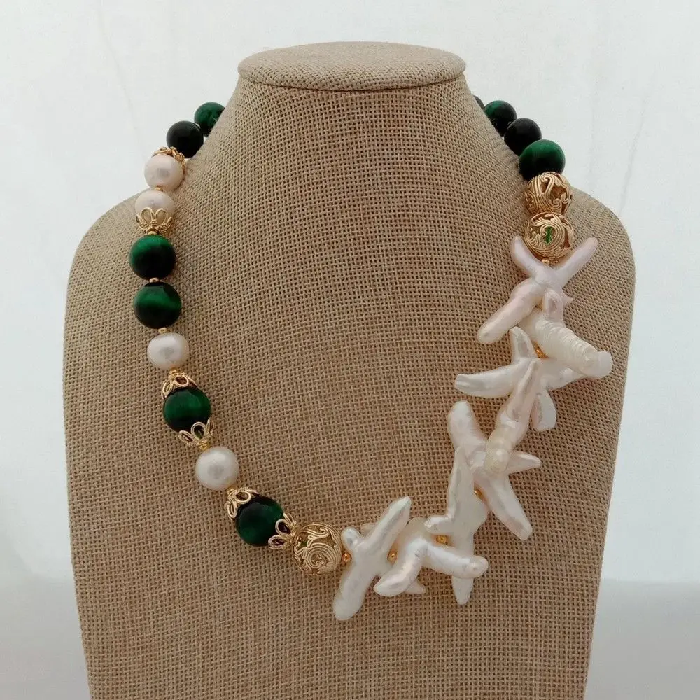 

Women's 19'' Green Tigers Eye White Cross Pearl Keshi Pearl Necklace
