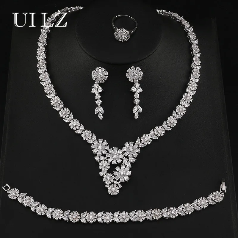 

UILZ Luxury Cubic Zirconia Jewelry Set Flower Shaped Earrings Necklace Bracelet And Ring 4pcs Jewelry For Ladies Party US246