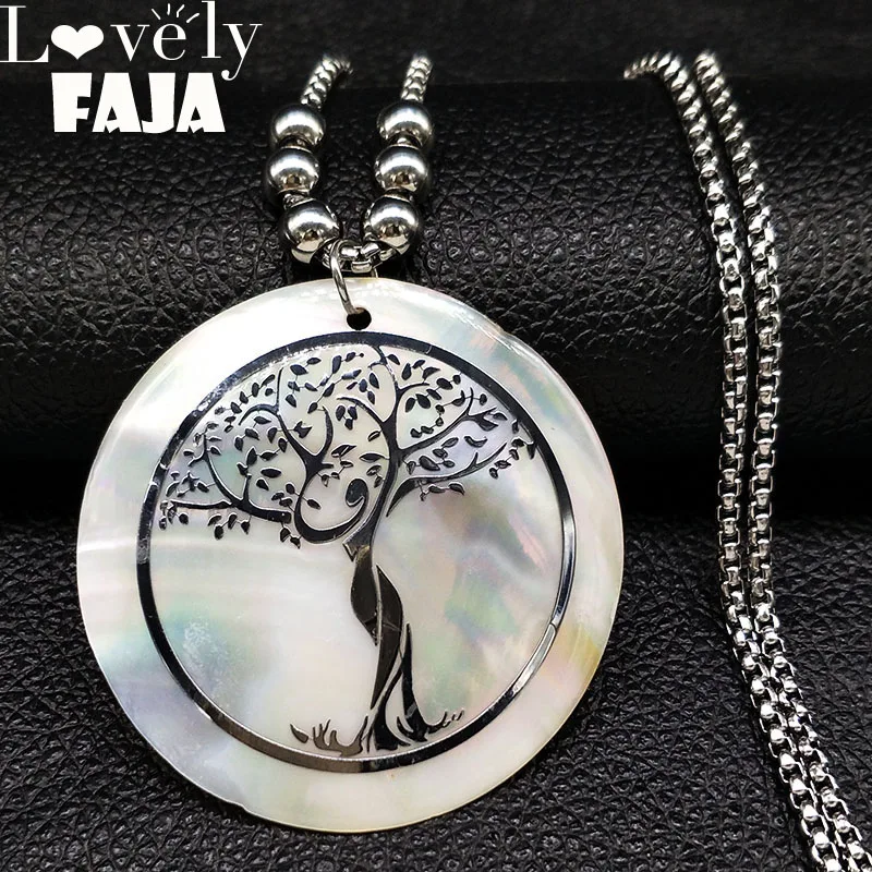 

2019 Tree of life Shell Stainless Steel Necklace for Women Silver Color Long Necklaces Pendants Jewelry collar mujer N18421