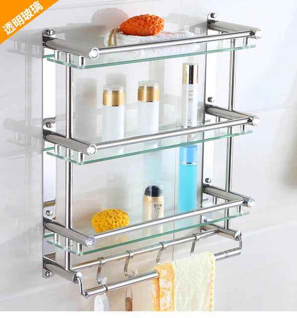 Bathroom Shelves Rack with Hooks Polished Silver 304 Stainless Steel Bathroom Shelf Single Dual