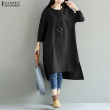 ZANZEA 5xl Винтаж хлопок белье платье Для женщин 2018 весна полосатый с длинным рукавом Асимметричная Свободные до середины икры Платья для женщин Vestidos плюс размеры