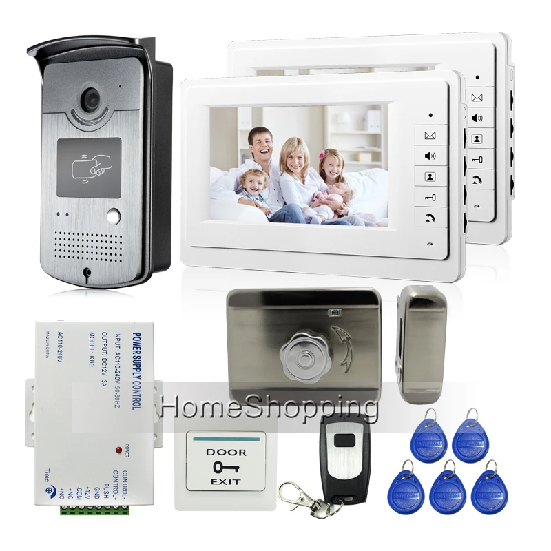

7" Color Video Door Phone Intercom System + 2 White Monitors + 1 RFID Access Night Vision Camera + Mute Electric Lock Free Ship