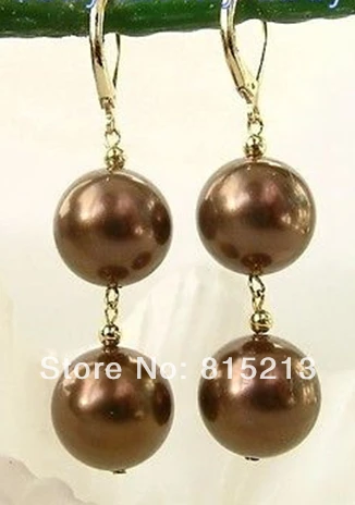 

wb00417 14mm Brown South Sea Shell Pearl Dangle Earrings 14k/20