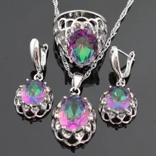 Enorme Arco Iris Multicolor Creado Topacio de Color Plata Sistemas de La Joyería Para Las Mujeres Pendientes/Collar/Pendiente/Anillo de Regalo caja
