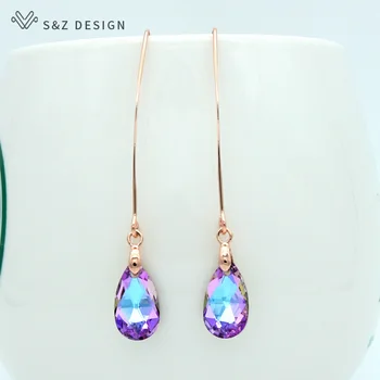 

S&Z New 585 Rose Gold Imitation Crystal Water Drop Dangle Earrings Long Ear Hook Japanese/Korean For Women Party Jewelry Gift