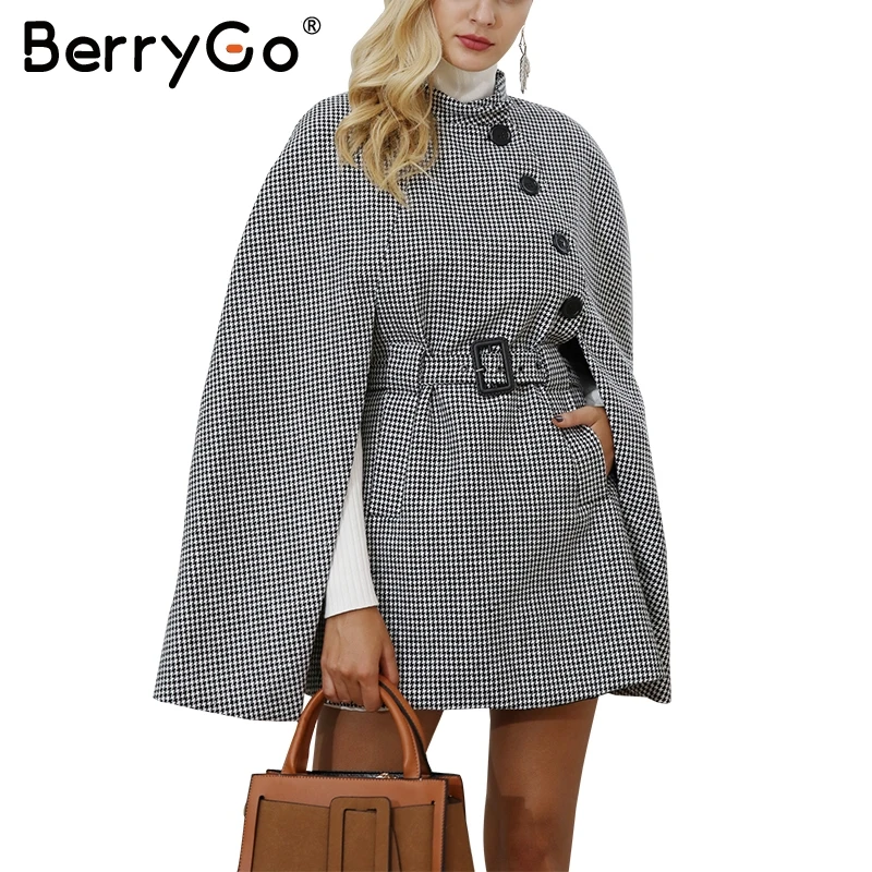 BerryGo Houndstooth long sleeve winter cape coat Women belt outerwear ...