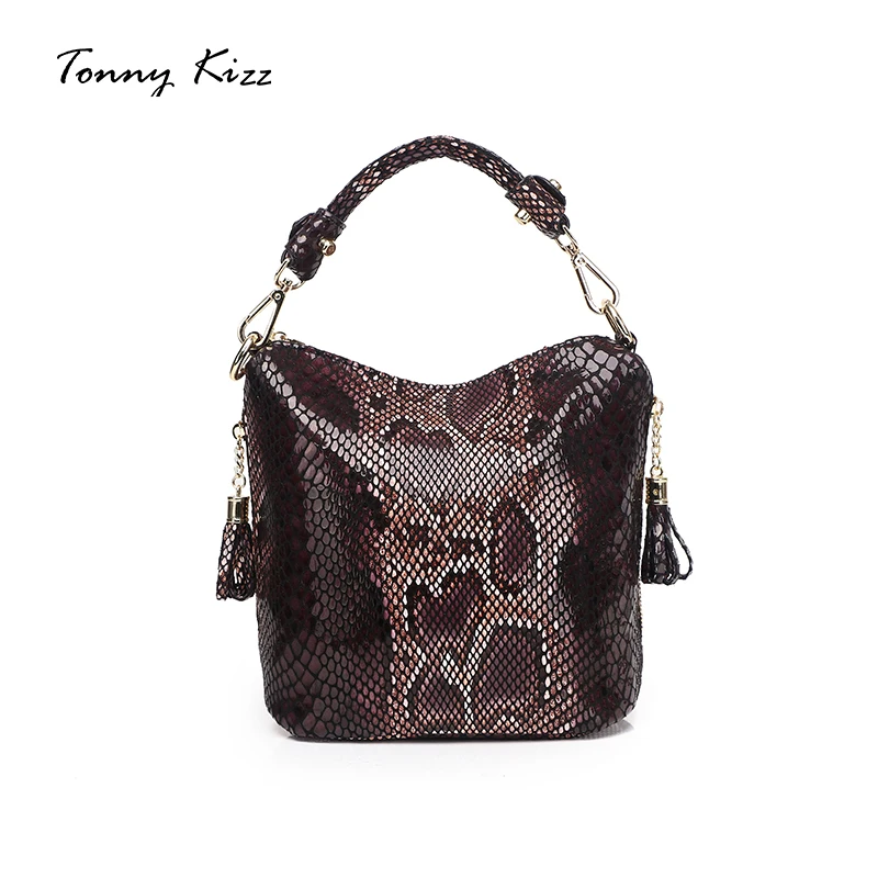 Goedkoop Tonny Kizz luxe handtassen vrouwen designer tassen lederen emmer schoudertassen serpentine met kwastje kleine crossbody tassen