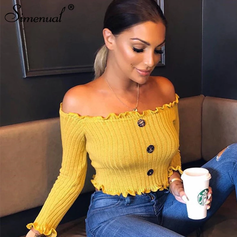 

Simenual Off shoulder female T-shirt buttons ruffles autumn 2018 t-shirts for women crop top long sleeve yellow tshirt femme new