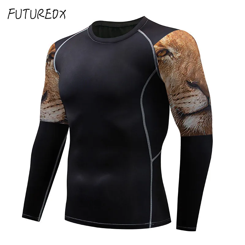 

New FUTUREOX Lion Head Long Sleeve Lycra Compression T-Shirt Men's Long Sleeve MMA Fitness Sportswear Rash Defender Quick Drying