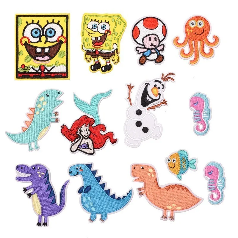 

Cute Dinosaur Baby Cartoon Embroidery Patches Iron On Spongebob Octopus Badges Sewing Ocean Animal Hippocampus Stickers