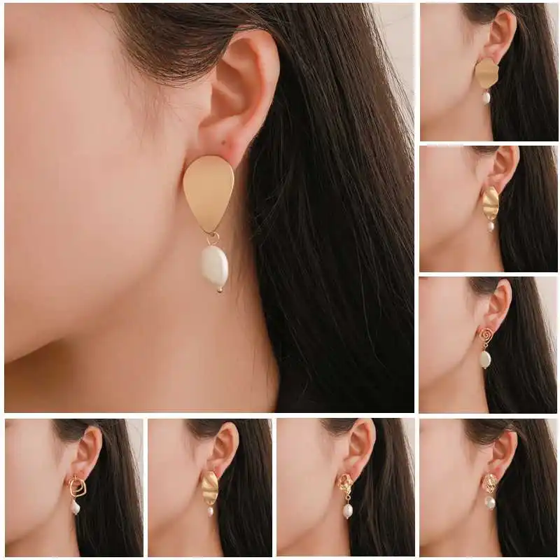 

Korean Pearl Pendant Dangler Earrings for Women Gold Bohemian Jewelry Freshwater Irregular Pearl Summer Earring Wedding Gift