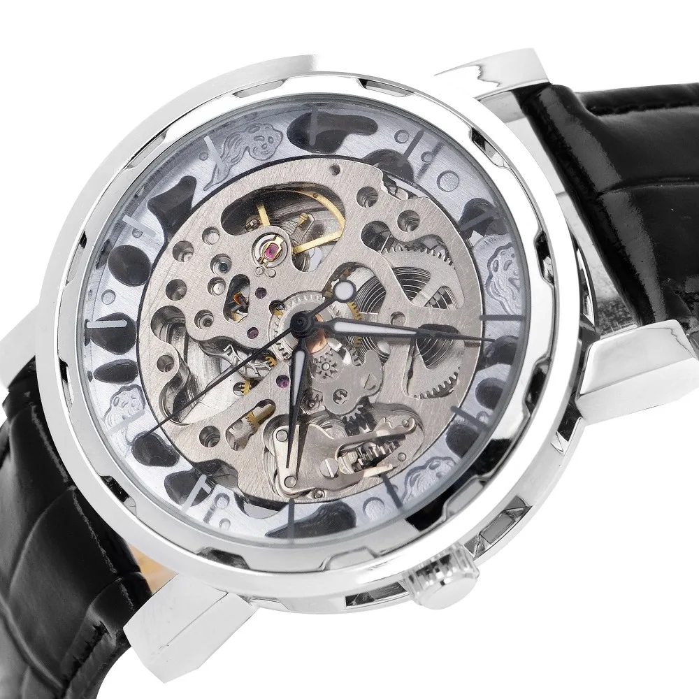 FLENT Fashion Men skeleton Watch Leather Band Icloud Pattern Dial Self