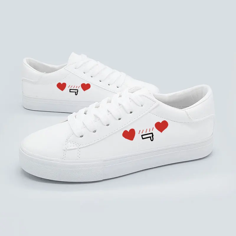 

Solid White Canvas Shoes Lace Up Shoes for Women Low Heel Flat Shoes Tennis Shoes with Expression Printed
