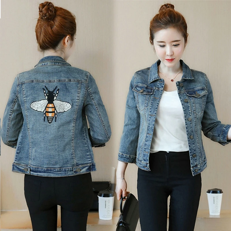 Korean Style Slim Short Jackets Women Outwear Women Coats And Jackets Denim Embroidery Casual
