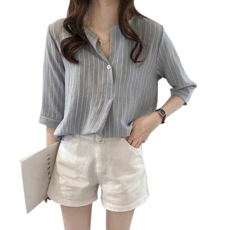 

Womens V Neck Casual Blouses Tops Striped Three Quarter Sleeve Shirts