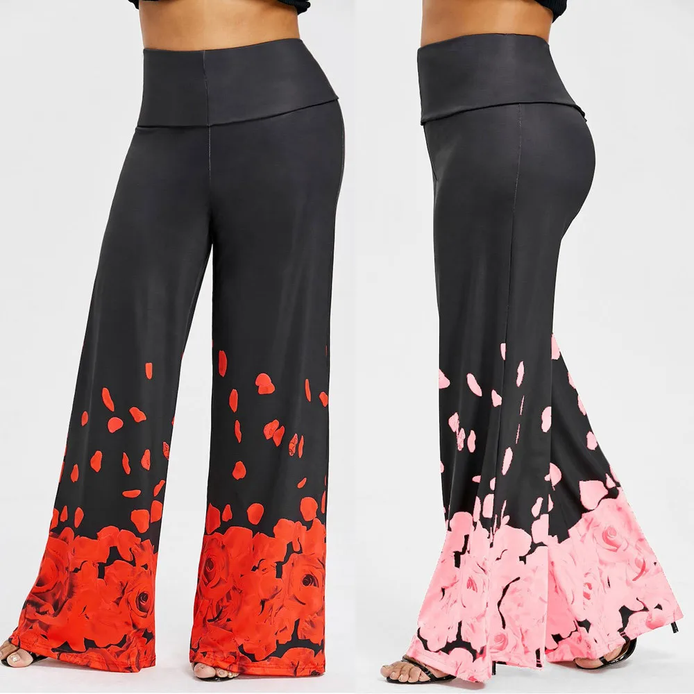 NEW Fashion Womens Casual Wide Leg Trousers Plus Size Rose Petal Printed Loose Pants hot Free Shipping W701