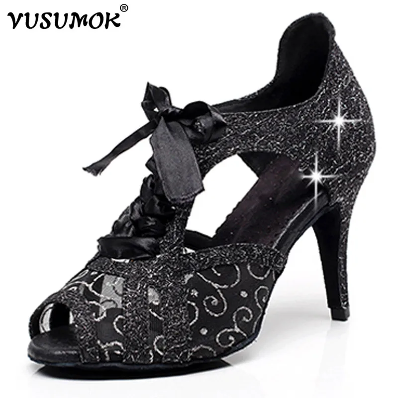 VUSUMOK Women Dance Shoes Tango Latin Modern Shoes Lace Up Salsa Velvet