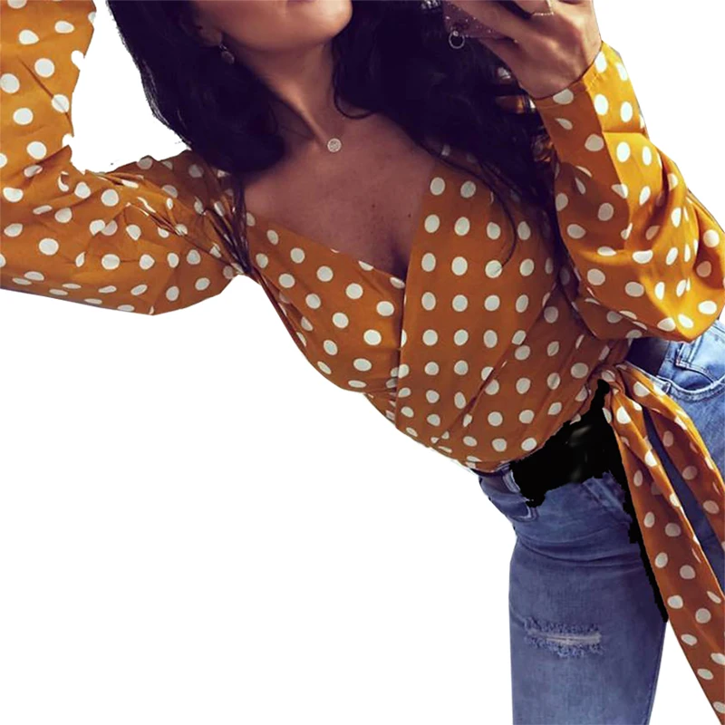 

England Style Office Lady 2019 Shirts Polka Dot V-neck Long Sleeve Blouses Shirts Spring Women Slashes Blusas Plus Size GV396