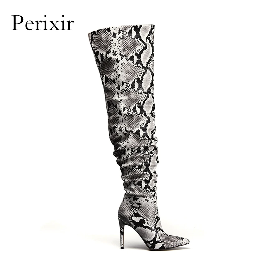 Perixir Slouch Thigh High Boot Snake Skin Over the Knee Boots Sexy Super High Thin Heel Pleated Pointed Toe Botte Femme Talon Perixir Slouch Thigh High Boot Snake Skin Over the Knee Boots Sexy Super High Thin Heel Pleated Pointed Toe Botte Femme Talon