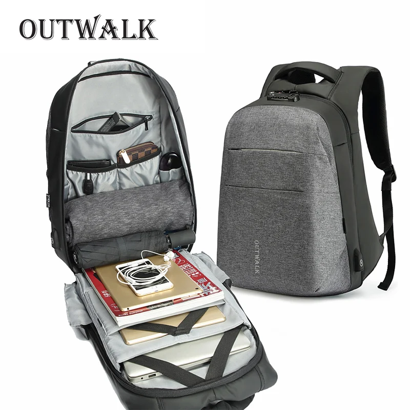 

OUTWALK New Men Backpack Anti-thief USB Recharging Laptop Backpack TSA Customs Lock Design Backpack Men Travel Backpack 15 inch
