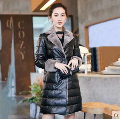 black 2018new зима Для женщин Пояса из натуральной кожи куртка Мех животных воротники средней длины тонкий моды элегантные Для женщин кожаные пальто Высокое качество wlx130 - Цвет: black