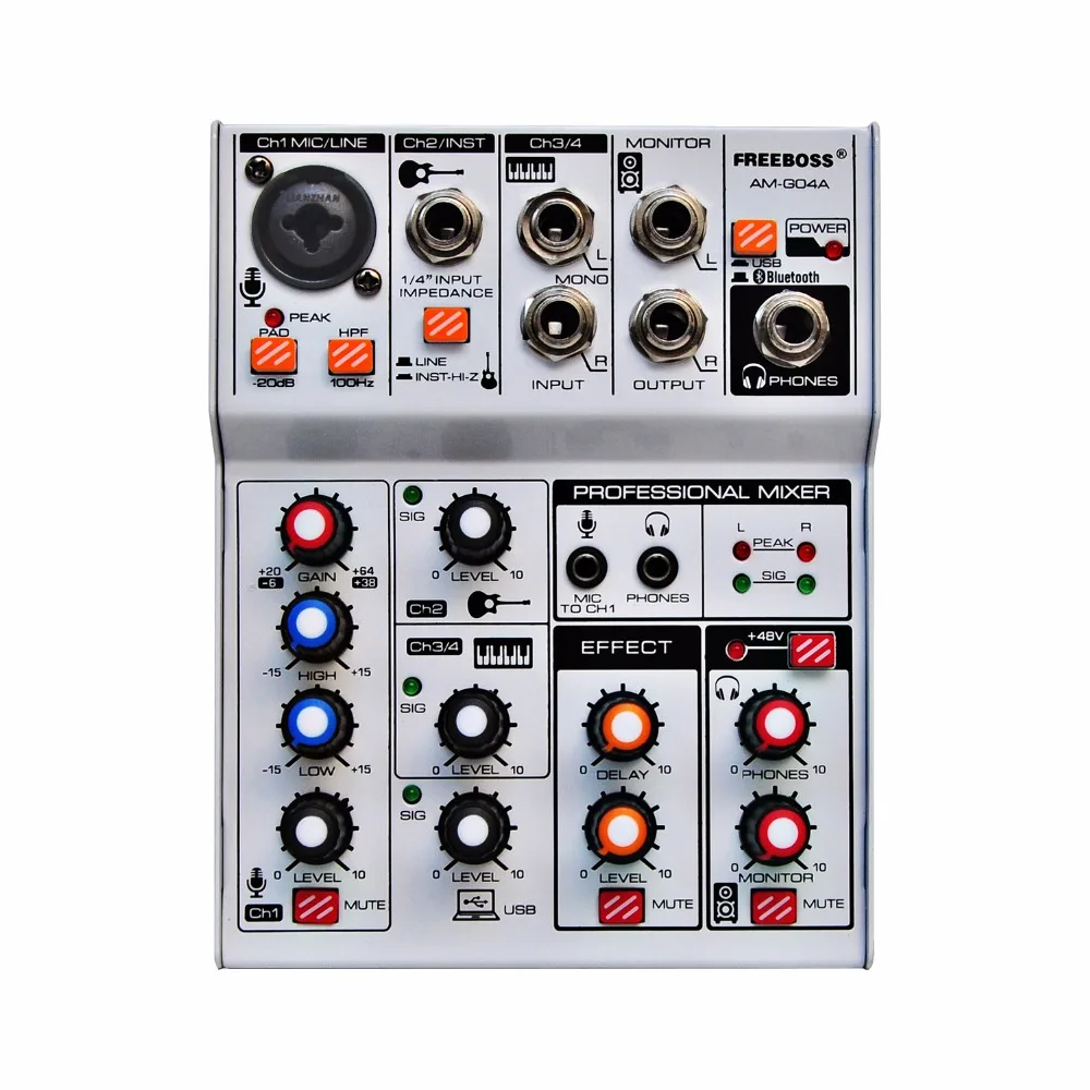  AM-G04A Bluetooth Record Multi-purpose 4 Channels Input Mic Line Insert Stereo USB Playback Profess