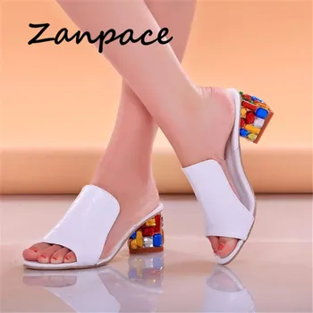 

Zanpace Fashion Women Slippers Med Heel Large Size 41 Womens Shoes Open Toe High Crystal Slides Thick Sandals Slippers Women
