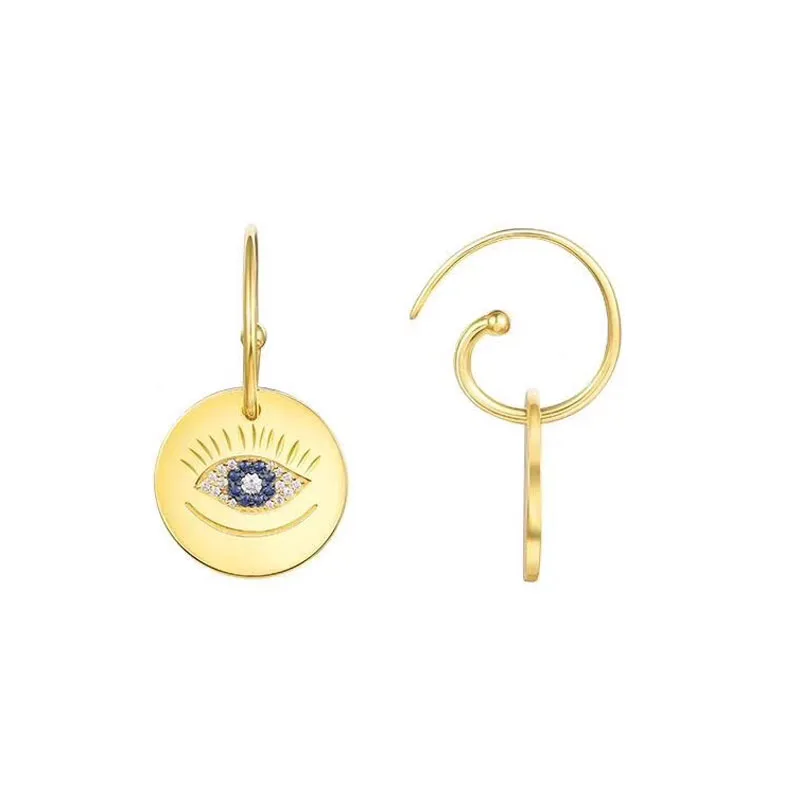 

SLJELY S925 Sterling Silver Gold Color Round Coin with Lucky Eye Earrings Micro Cubic Zirconia Stones Women Luxury Brand Jewelry