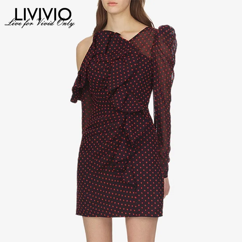 

[LIVIVIO] Polka Dot Dress Female Off Shoulder Puff Long Sleeve Asymmetrical Ruffle Dresses Women 2019 Autumn Elegant Fashion