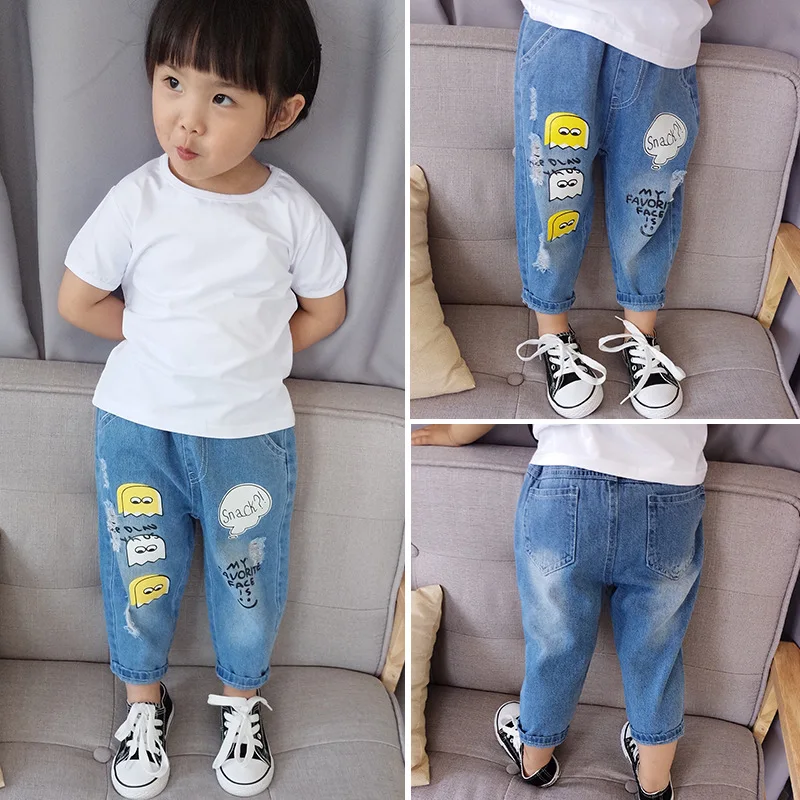Toddler Kids Boys Girls Ripped Denim Jeans Trousers Elastic Waist Fashion Pants